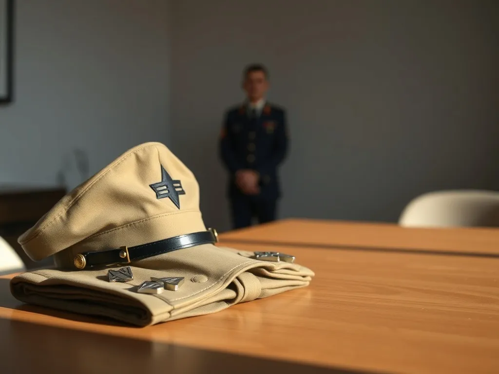 Mundur wojskowy i rzędem ułożone odznaki stopni, w tle żołnierz na baczność, symbolizujące hierarchię w wojsku.