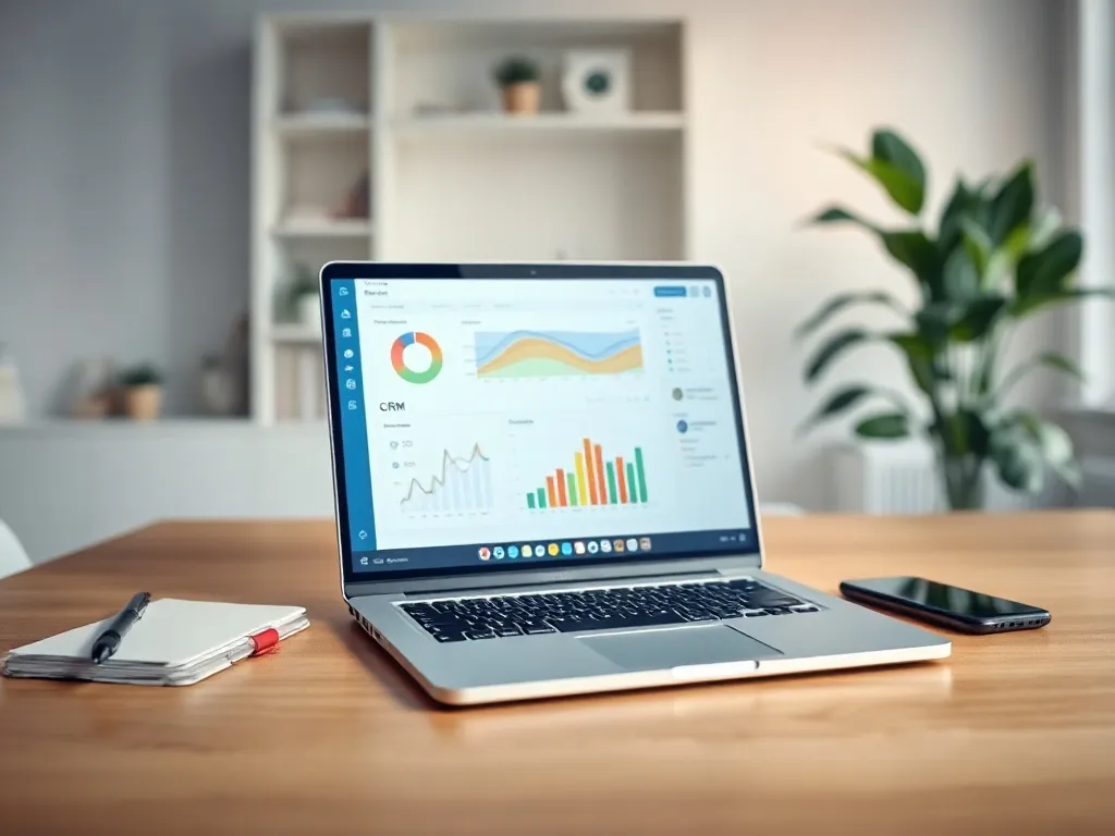 Nowoczesny laptop z pulpitem CRM na biurku w jasnym biurze, ilustrujący pracę z systemem Pipedrive.