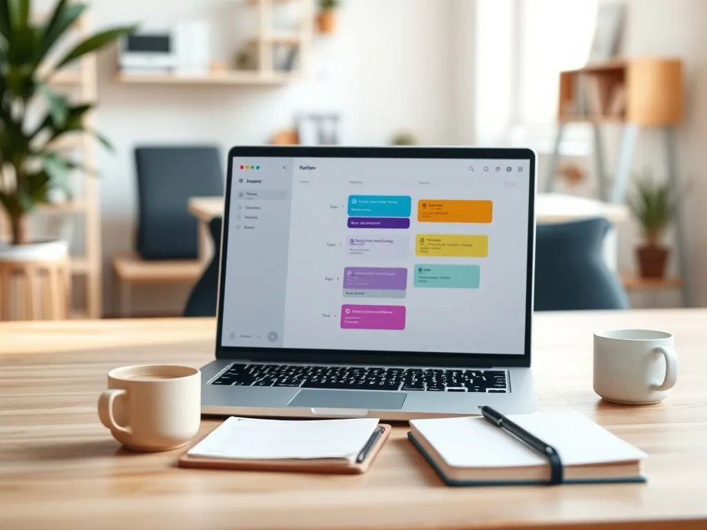 Laptop z kolorową tablicą kanban Trello na biurku obok notesu i kawy, w uporządkowanym, jasnym domowym biurze.