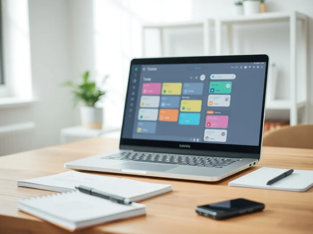 Laptop z kolorową tablicą zadań Asana na uporządkowanym biurku, symbol produktywnej pracy i organizacji obowiązków.