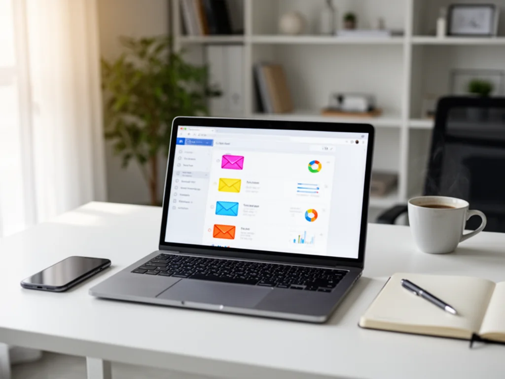 Laptop z kolorowym pulpitem skrzynki mailowej na biurku, obok telefon i notes, symboliczna scena pracy w e‑mail marketingu