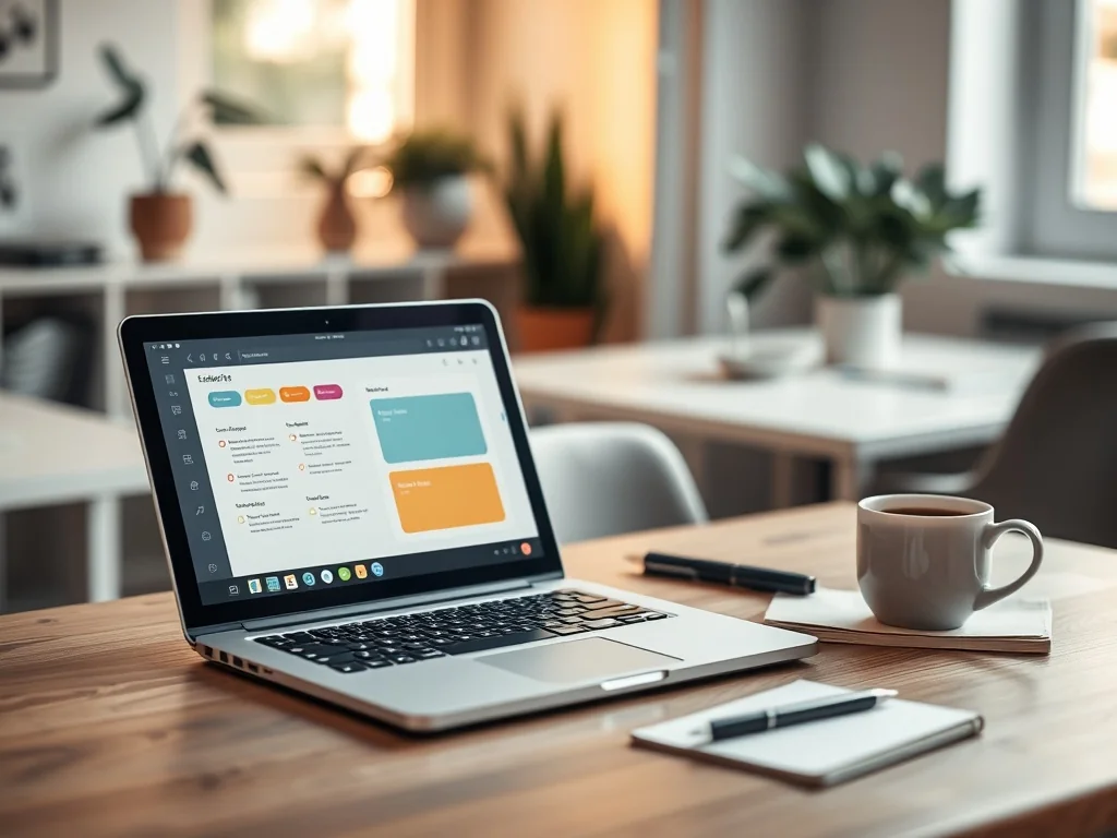 Minimalistyczne biurko z laptopem i kawą, prezentujące uporządkowany, kolorowy workspace w Notion do codziennej pracy.