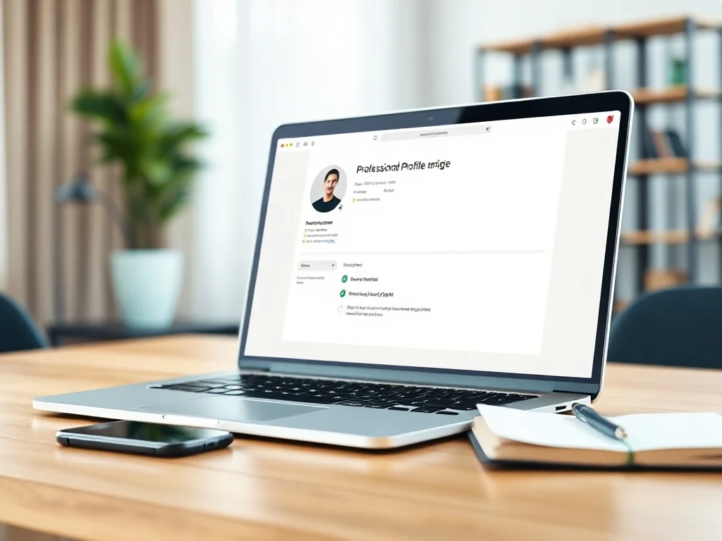 Laptop z widokiem prostego profilu zawodowego LinkedIn na biurku, obok smartfona i notesu w minimalistycznym home office.