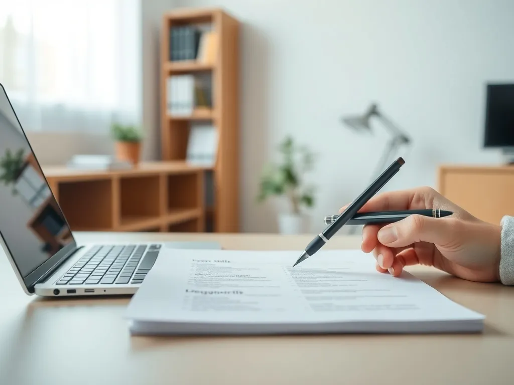 Osoba uzupełnia poziom znajomości języków w CV przy laptopie na biurku w nowoczesnym, profesjonalnym biurze.