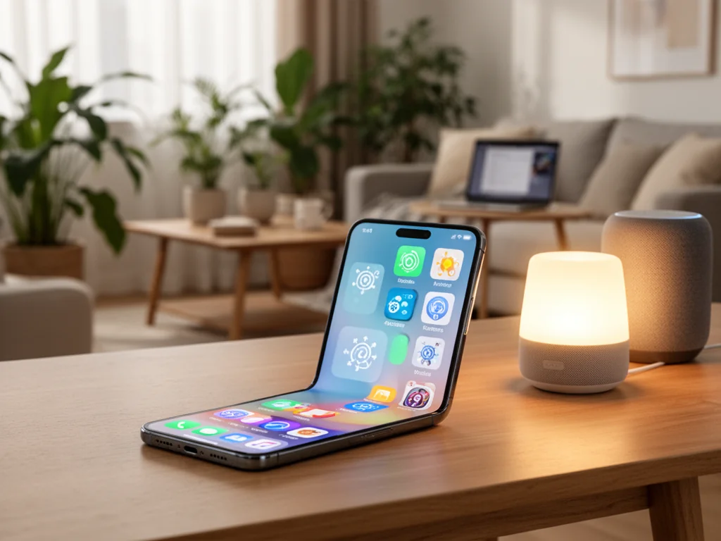 Smartfon z ikonami automatyzacji obok inteligentnego głośnika i lampki, pokazujący wygodę codziennych działań z IFTTT