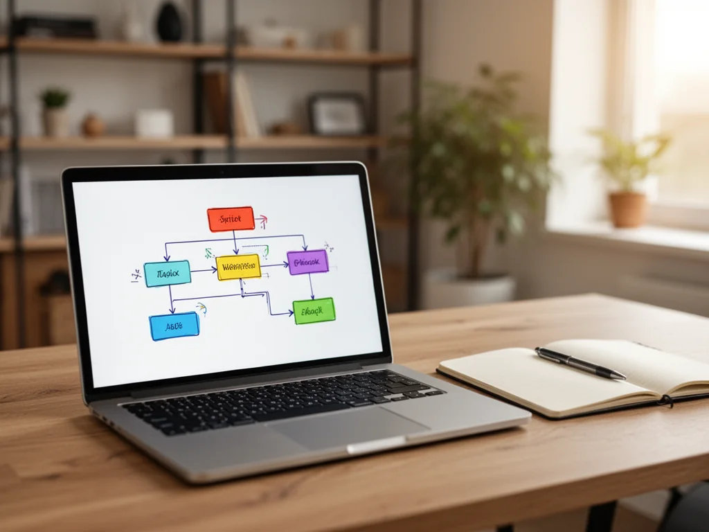 Laptop z kolorowym diagramem workflow obok notatnika na biurku, ilustrujący działanie i zastosowania narzędzia Make.