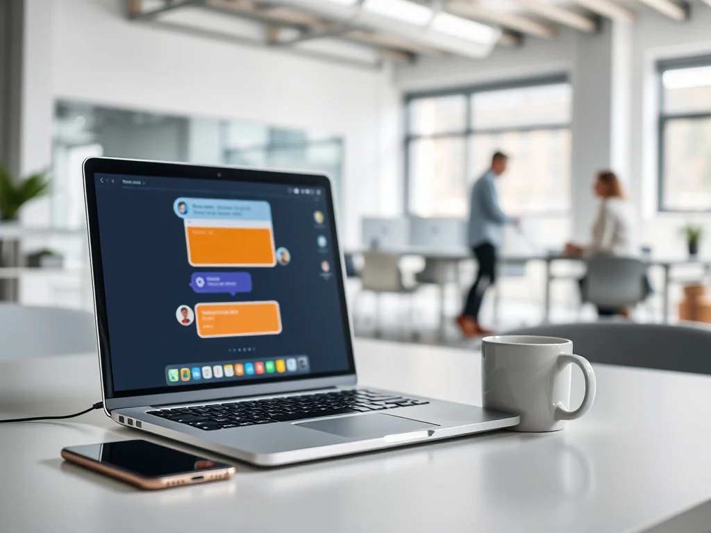 Minimalistyczne biuro z laptopem wyświetlającym kolorowy komunikator Slack, obok smartfon i kubek, w tle współpracujący zespół.