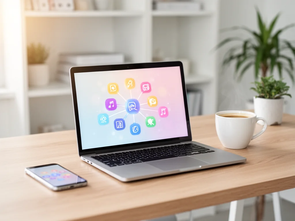 Laptop na biurku z kolorowymi ikonami aplikacji, symbolizujący automatyzację i integracje narzędzi w Zapier.
